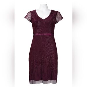 ADRIANNA PAPELL ILLUSION SLEEVE SATIN WAIST BEADED MESH A-LINE DRESS